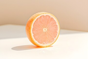 Crystal Grapefruit in Sunlight – A high-resolution photo of a grapefruit slice with translucent pink flesh placed upright on a clean white surface. Sunlight reflects through the fruit.