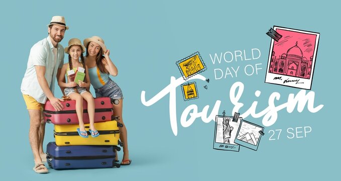 Happy family with luggage on blue background. Banner for World Tourism Day
