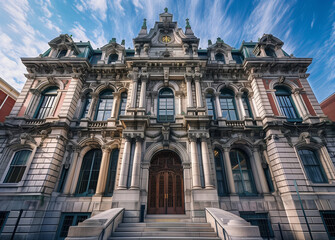 Fototapeta premium Beautiful building features historic architecture, with intricate details and ornate windows. It stands under blue sky with clouds