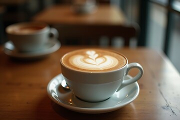 Obraz premium A frothy cappuccino in a ceramic cup with latte art, styled on a cozy café table with a blurred background