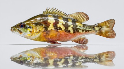 Vibrant fish specimen with detailed scales and mirror like reflection