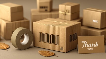 Wooden Cardboard Boxes with Tape and Thank You Note on Neutral Background