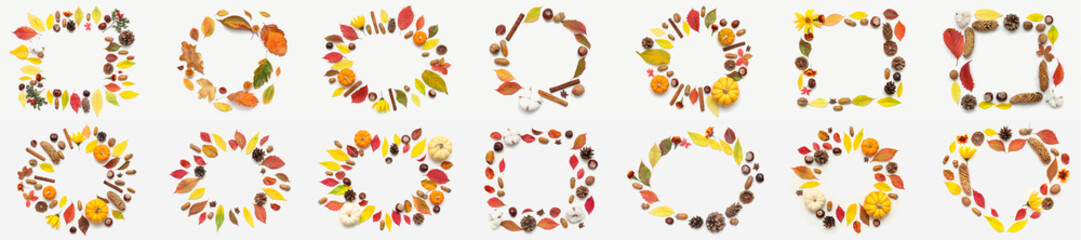 Many frames made of autumn leaves on white background