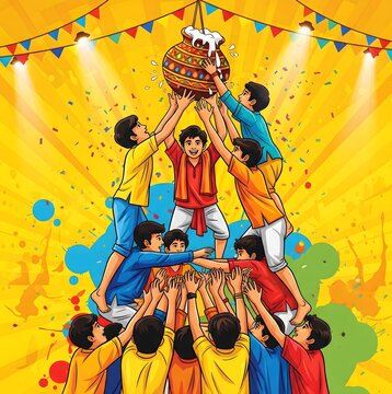 Dahi Handi Celebration - Janmashtami Festival Fun and Human Pyramid