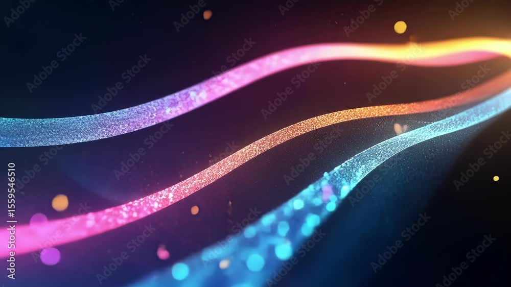 Poster creating an abstract background with glowing particles, forming a colorful wave in a dark digital sp