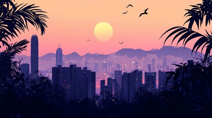 Fototapeta premium Vaporwave Cityscape: A Tropical Sunset Over Urban Majesty in Asia