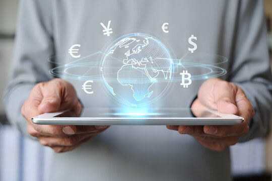 Global Finance: Man Holding Tablet with Holographic Currency Symbols and World Map.