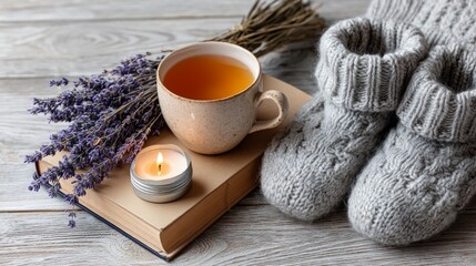 Cozy Hygge Scene with Tea, Candles, Lavender, and Warm Knitted Socks