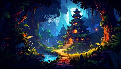 Obraz premium Enchanted Forest Temple: A Nighttime Journey