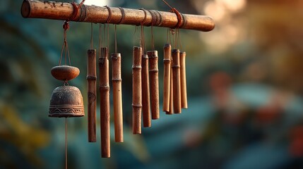 Bamboo Wind Chimes Hanging in a Tranquil Green Setting at Sunset