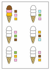 Match the correct color scoops to each ice cream. Fun learning game for preschoolers. Logic task colors, intructional coloring page ice cream