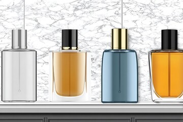 Four elegant perfume bottles with different colored liquids displayed on a marble background
