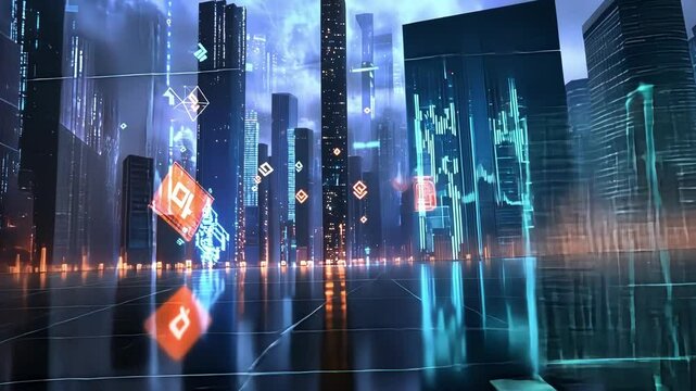 Pulsing holographic graphs rise and fall above a futuristic skyline with cryptocurrency coins floating serenely seemingly unaffected by market trends.