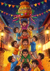 Fototapeta premium Dahi Handi Celebration - Janmashtami Festival Fun and Human Pyramid