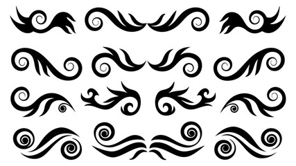 Set of Abstract Tribal Swirl and Spiral Design Elements.Black Vector Tattoo Style Collection.