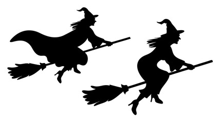 Fototapeta premium Set Of Flying Witch Silhouettes on Broomsticks