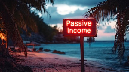 A glowing "Passive Income" sign floating over a peaceful beach scene