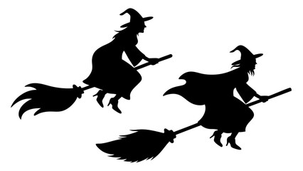 Set Of Flying Witch Silhouettes on Broomsticks