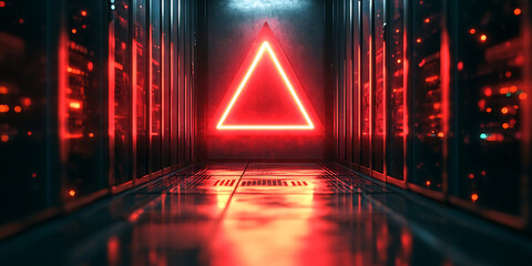 Server room with red triangular neon light representing data center and high tech futuristic environment