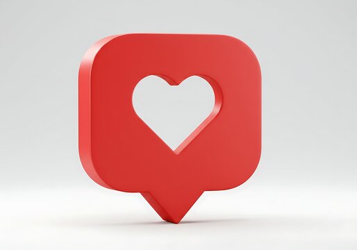 3D rendering of a red social media like icon with a heart cut-out symbol in the center