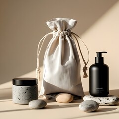 A harmonious set of kitchen utensils on a wooden table complements the wellness of a green bath and beauty care collection