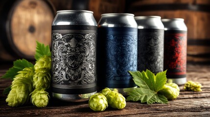 Craft Beers in Cans with Artistic Labels on Rustic Wood Background