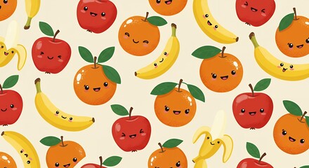 Bright Cartoon Fruit Pattern on White Background