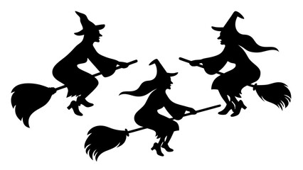 Set Of Flying Witch Silhouettes on Broomsticks