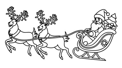 One Line Drawing of Santa Claus with Reindeer