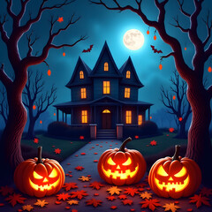 Fototapeta premium Spooky Halloween Night with Glowing Pumpkins and Haunted House