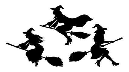 Set Of Flying Witch Silhouettes on Broomsticks