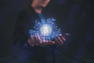 a man scan Fingerprint biometric identity approval access to system online network, Secure access...
