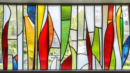 Vibrant Stained Glass Window with Abstract Geometric Design and Natural Light