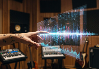 A hand interacts with a holographic audio waveform display in a recording studio.