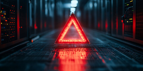 Glowing red warning triangle in dark server room implies critical error or cybersecurity threat needs attention