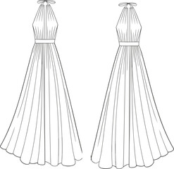 Elegant halter neck long gown dress flat fashion sketch front and back view for evening wear, bridal, or formal design illustration

 flat vector illustration