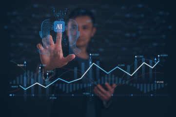 Businessman touching ai brain icon working analysing data chart and Ai bot tech in concept of Ai...