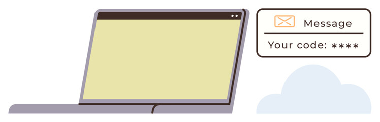 Laptop with blank screen and security message displaying authentication code. Ideal for cybersecurity, privacy, tech innovation, online security, digital communication, data protection, simple flat