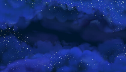Winter night with stars realistic background. Dark blue magic banner template. Mystic twilight sparkling vector elegant backdrop, clouds in the sky