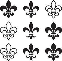 Fototapeta premium Collection of nine black fleur de lis symbols in a three by three grid on a white background