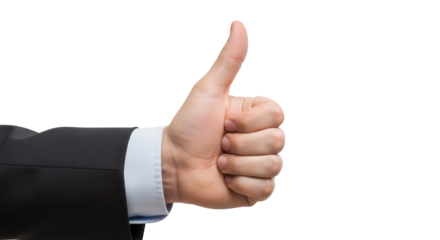 A hand in a suit jacket giving a thumbs up gesture image on transparent background