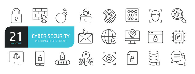 Set of line icons related to cyber security, protection, access, safety. Outline icons collection. Editable stroke. Vector illustration