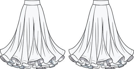 Flared layered maxi skirt flat sketch, front and back technical drawing, fashion design template for women’s clothing, elegant garment illustration

 flat vector illustration
