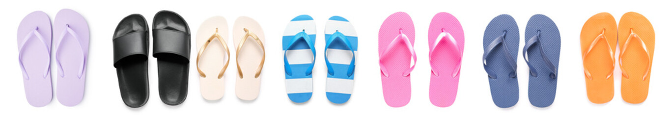 Set of different flip-flops on white background, top view