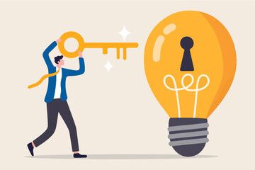 A businessman holds a golden key to unlock a giant lightbulb, symbolizing the power of finding the right solution to spark innovation and great ideas. Vector Illustration