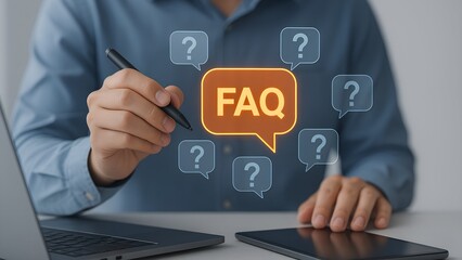 Person using a stylus to interact with a glowing faq icon surrounded by question marks