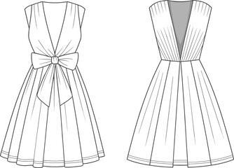 Fashion flat sketch of sleeveless A-line dress with deep V-neck, front bow tie, pleats, vector clothing design template

 flat vector illustration
