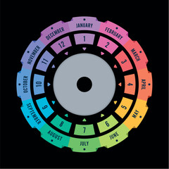 twelve slices of month names. month names around colored circle. twelve options round month names. twelve month concept for agenda, calendar, annual report