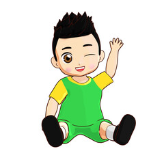 3d illustration of a cheerful boy in a green and yellow sports outfit, winking and waving, sitting on the ground in a cute pose.