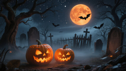 A hauntingly Halloween scene under a dark, starry sky with a glowing orange moon casting eerie light. Halloween, Halloween Costumes, Halloween Background, Happy Halloween
